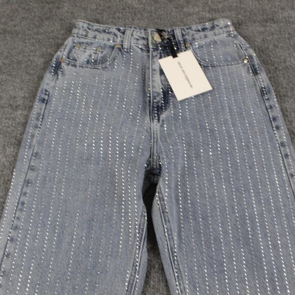 Maniere De Voir Jeans 4 Rhinestone High Rise Straight Leg Blue Denim Sexy - Picture 5 of 16